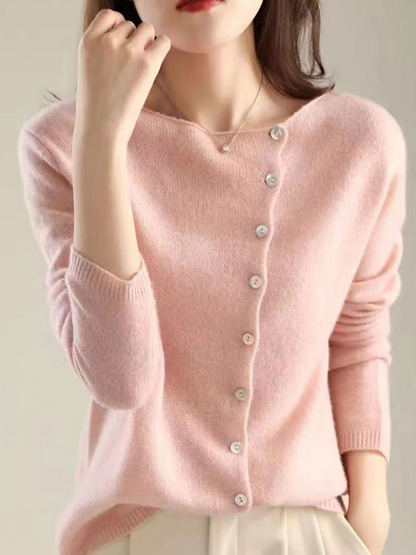 Elegant round neck knit long sleeve cardigan