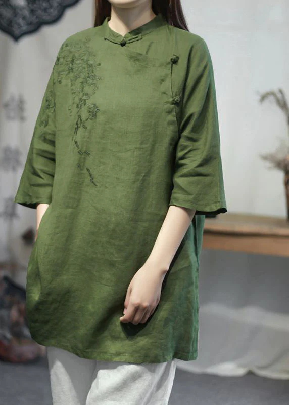 Women's Standing Neck Embroidered Linen Half Sleeve Top