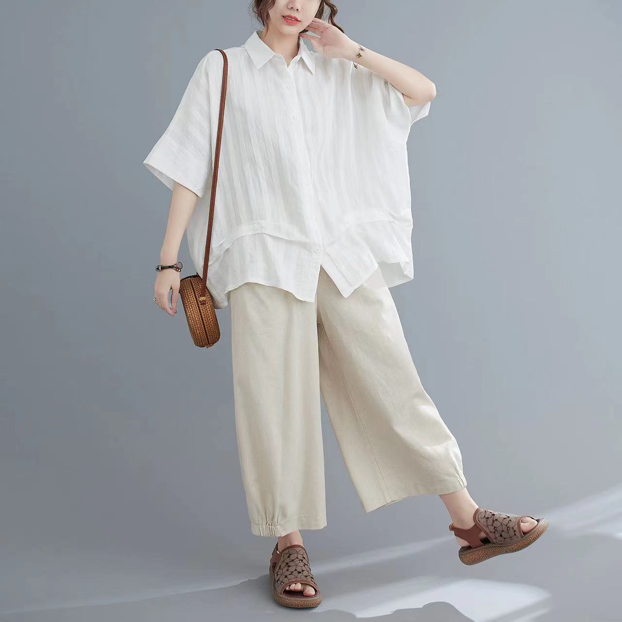 Casual Lapel Stand Collar Linen Shirt Batwing Sleeve Top