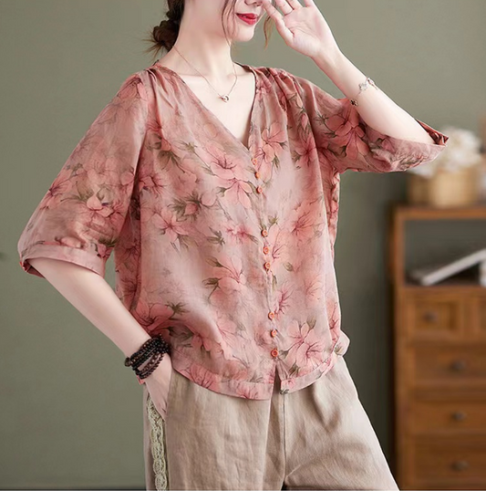 Elegant V-Neck Printed Cotton Short Sleeve Shirt Top