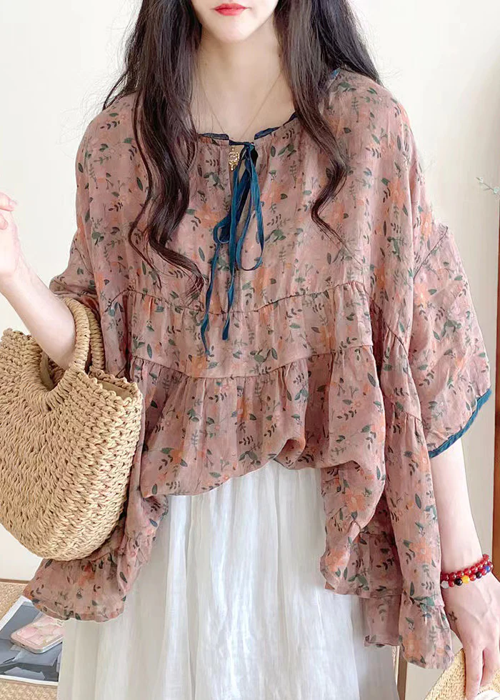 Fashion Ruffle Print Tie Cotton Blouse Half Sleeve Top