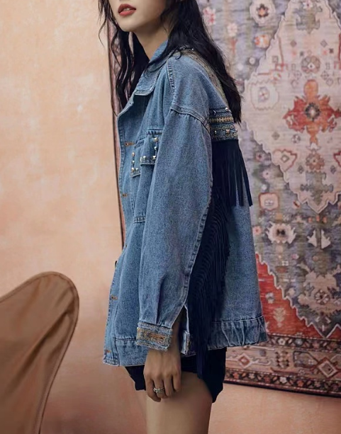 Fashion Embroidery Willow Studded Fringe Short Denim Jacket