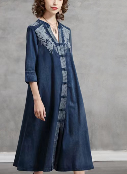 V-Neck Button Embroidered Short Sleeve Denim Dress