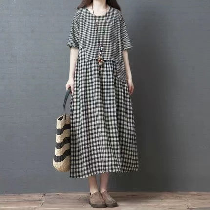 Vintage O Neck Patchwork Plaid Linen Loose Dress