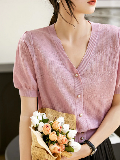 Elegant V-neck Cutout Knit Short Sleeve Top