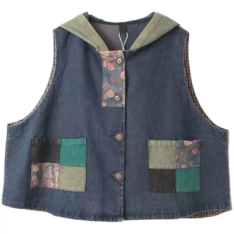 Loose Pocket Patchwork Denim Hooded Vest