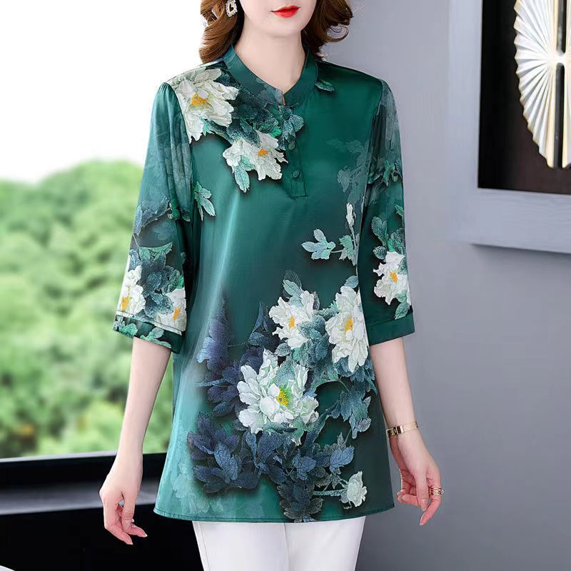 Elegant Standing Collar Printed Silk Short Sleeve Blouse Top