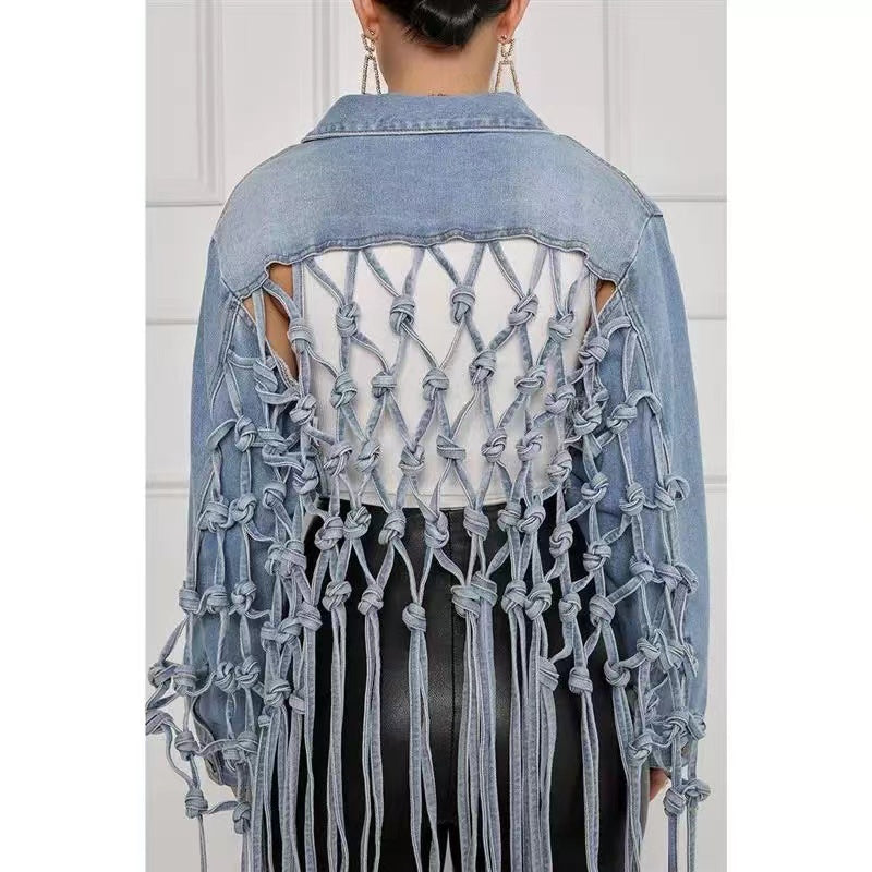 Denim Mesh Fringe Long Sleeve Jacket