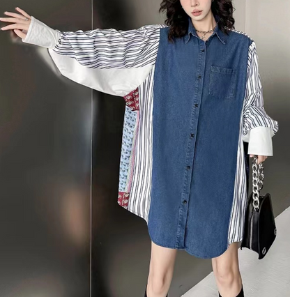 Loose Vintage Denim Patchwork Striped Long Sleeve Shirt Dress