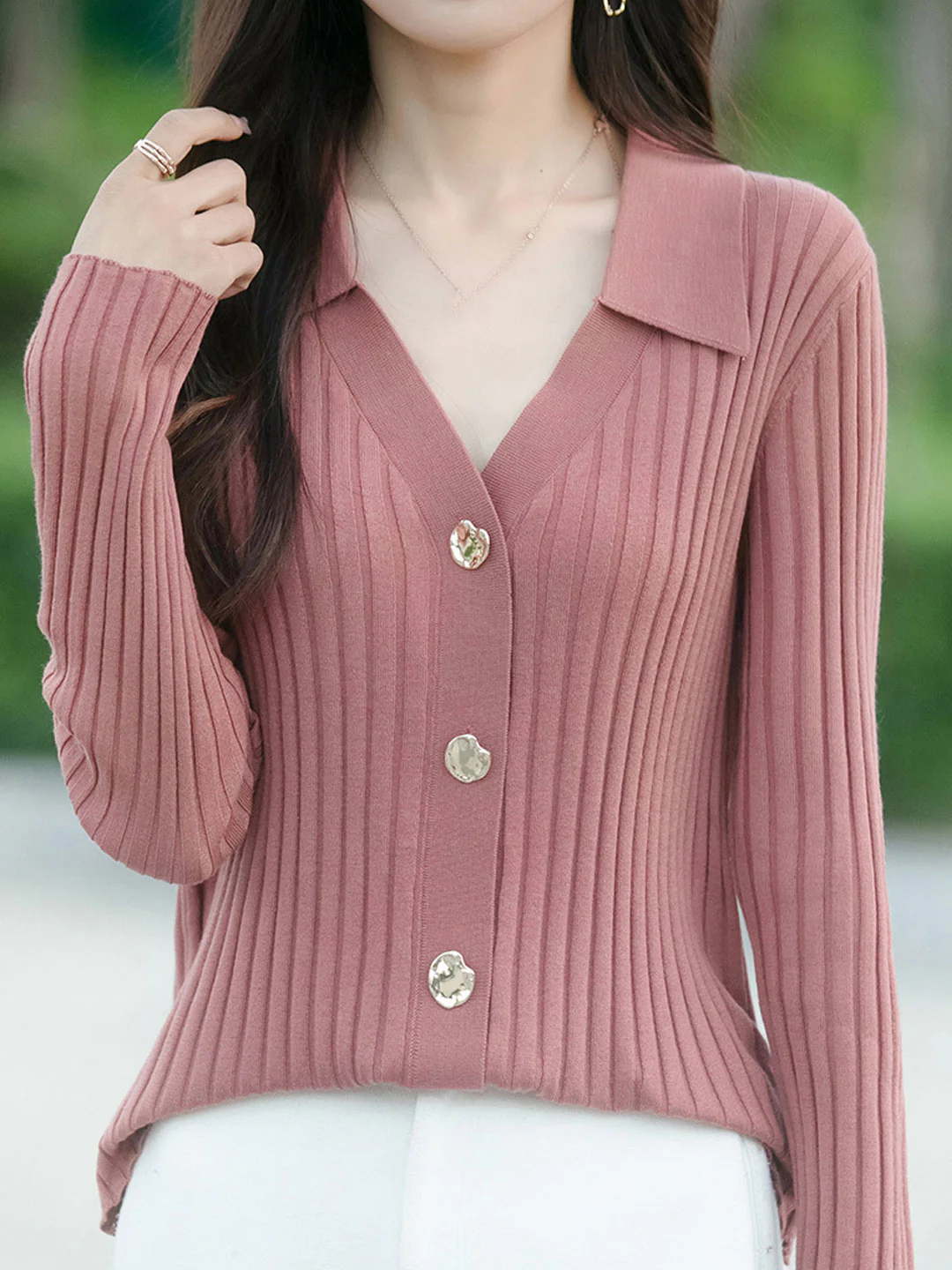 Women's Classic Lapel Ribbed Knit Cardigan Fall