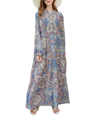 French Geometric Print Lapel Long Sleeve Long Dress