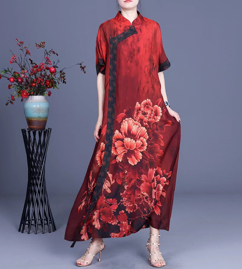 Elegant Printed Silk Half Sleeve Asymmetric Long Dress (Limited Stock)