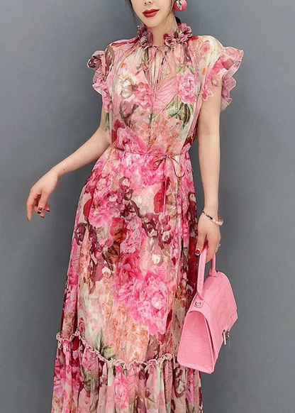 French Pink Ruffle Embellished Printed Chiffon Two Piece Dress