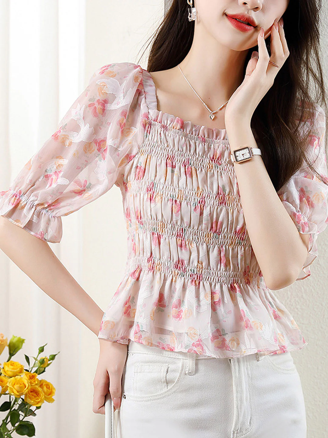 Elegant Square Neck Floral Print Short Sleeve Blouse Top