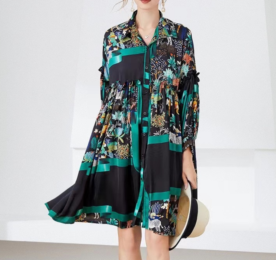 Elegant Printed Lapel Long Sleeve Cardigan Dress