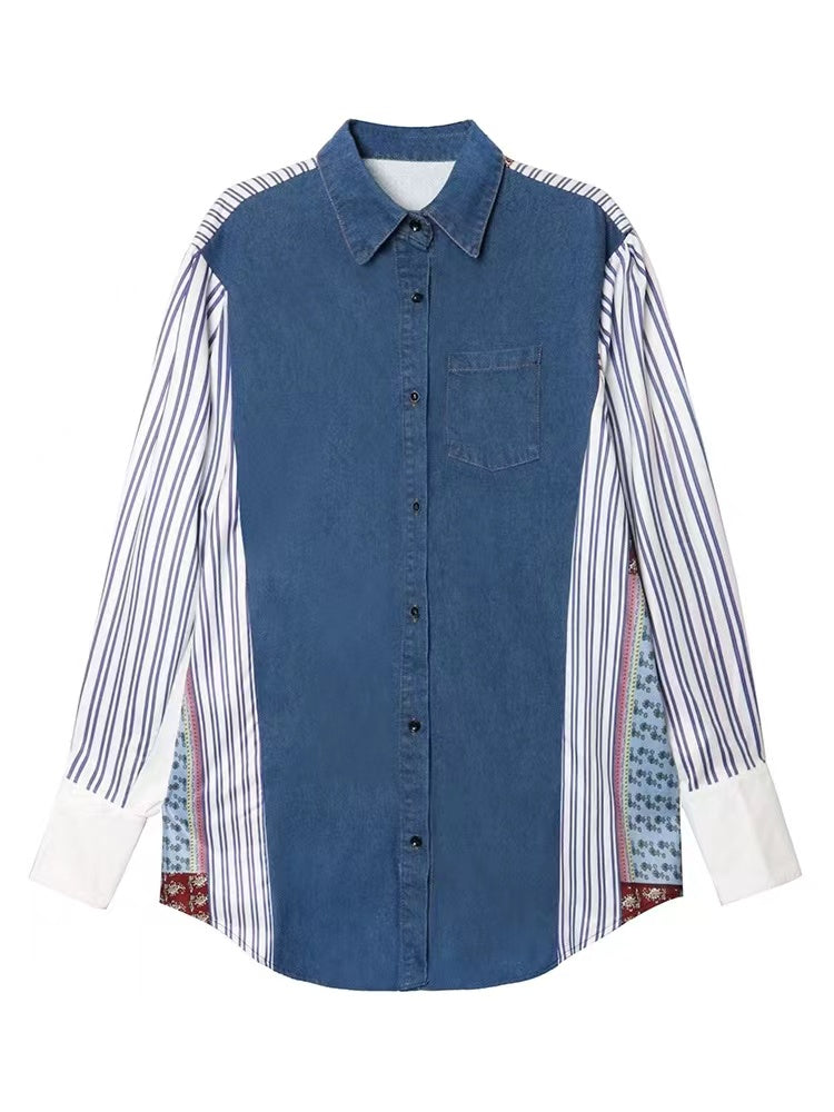 Loose Vintage Denim Patchwork Striped Long Sleeve Shirt Dress