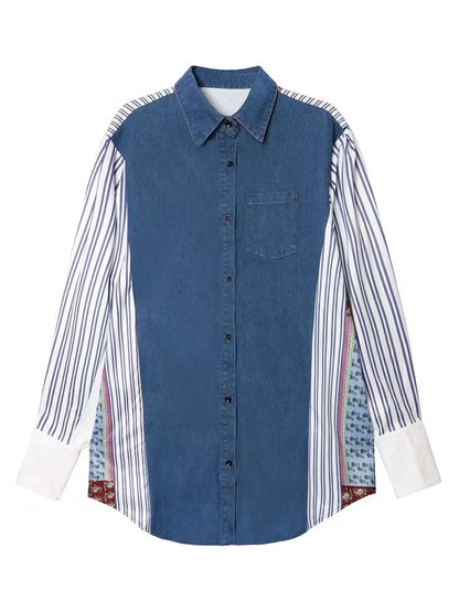 Loose Vintage Denim Patchwork Striped Long Sleeve Shirt Dress