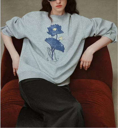 Loose Embroidered Floral Round Neck Long Sleeve Sweatshirt