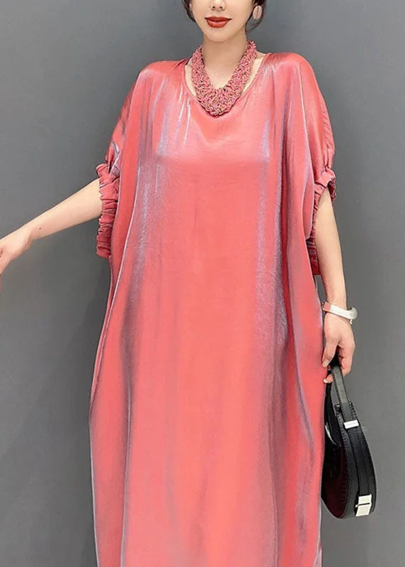 Elegant Pink Round Neck Silk Long Dress Short Sleeve