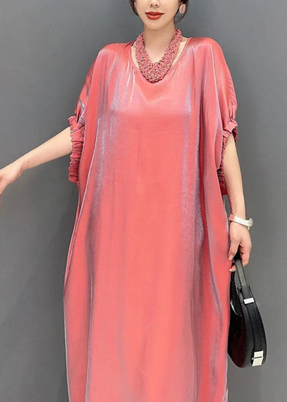 Elegant Pink Round Neck Silk Long Dress Short Sleeve