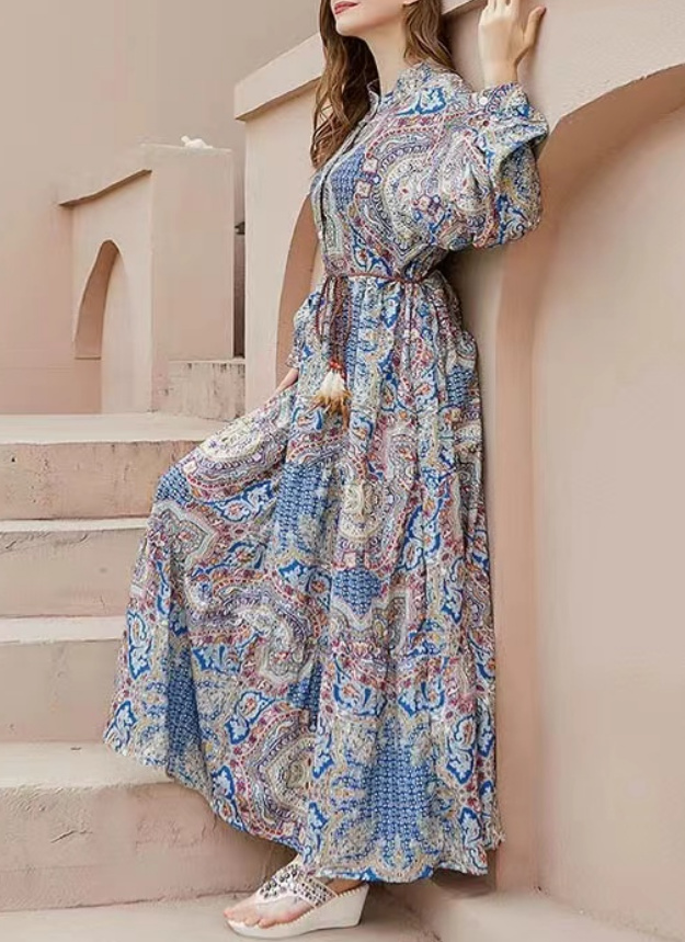 French Geometric Print Lapel Long Sleeve Long Dress