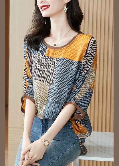 Casual O Neck Printed Patchwork Silk Half Sleeve Top