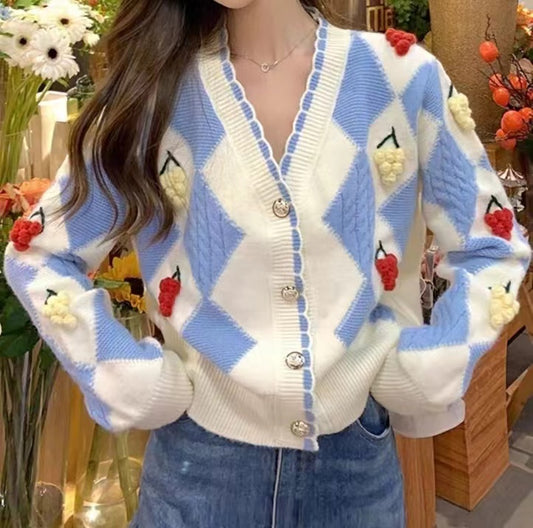 Loose White Geometric Cardigan Knitted Sweater