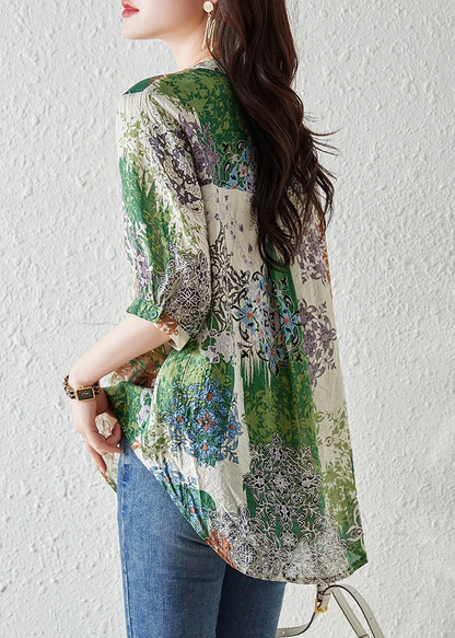 Women's Plus Size Green V-Neck Printed Shirt Summer