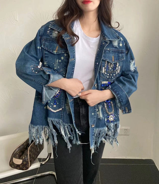 Stylish diamond-encrusted irregular fringe hem denim jacket