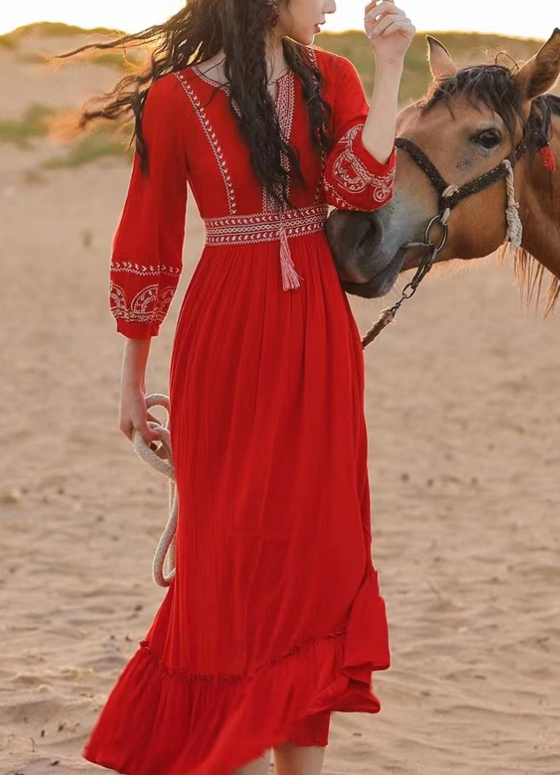 Bohemian Embroidered Strappy Beach Ruffle Dress