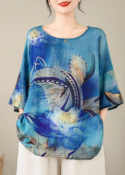 Loose Round Neck Printed Top Short Sleeve Bat Sleeve