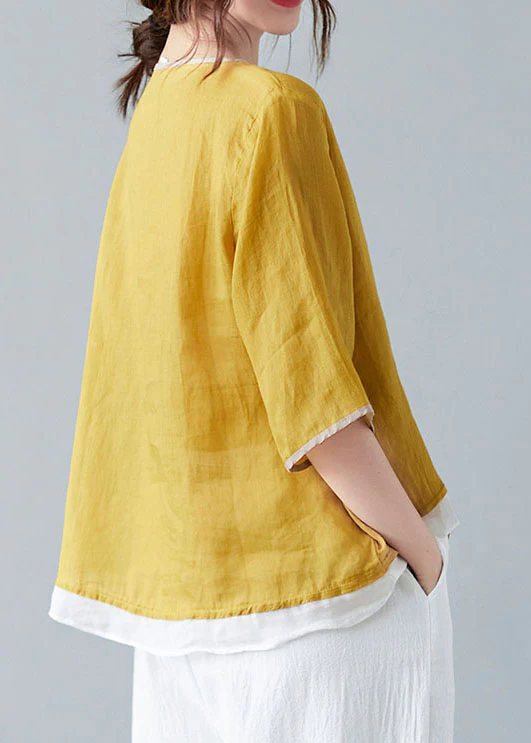 Italian Colorblock Yellow V-Neck Asymmetric Short Sleeve Shirt Spring