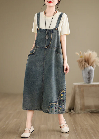 Women's Denim Embroidered Floral Spaghetti Strap Sleeveless Dresses