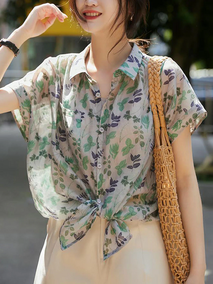 Elegant Lapel Floral Chiffon Short Sleeve Blouse Top