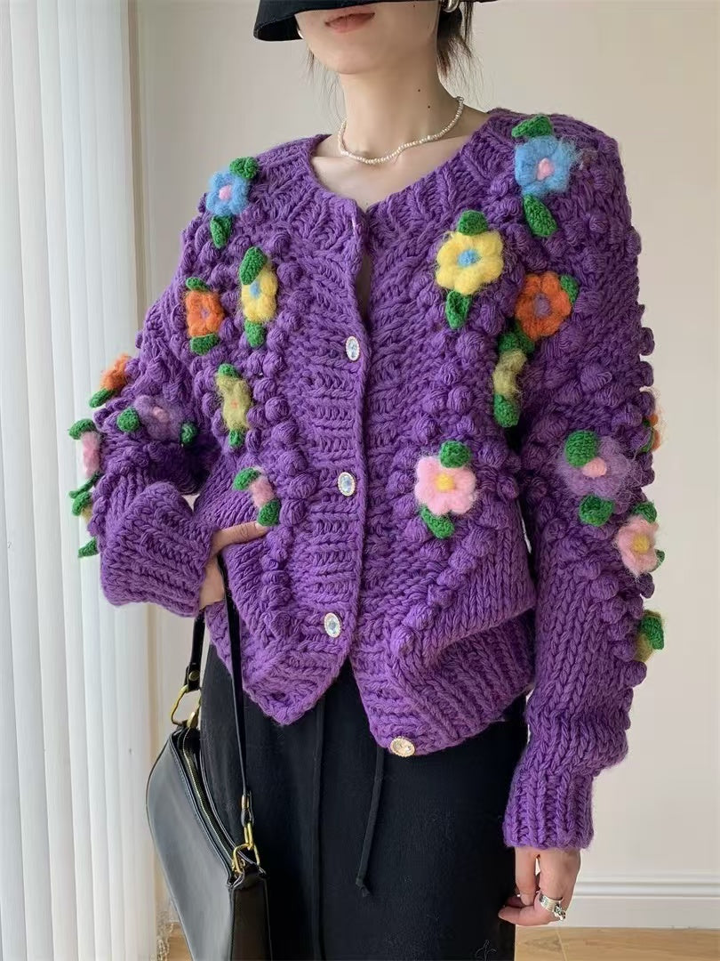 Elegant Crafted Cubic Floral Purple Knitted Sweater