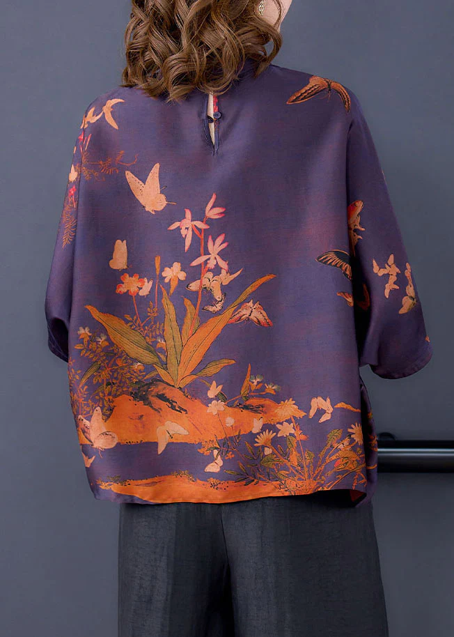 Elegant Standing Collar Printed Silk Blouse Top