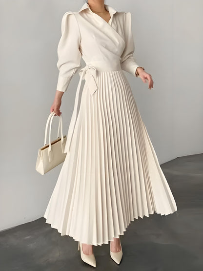 Italian Pleated Asymmetric White Lapel Long Dress