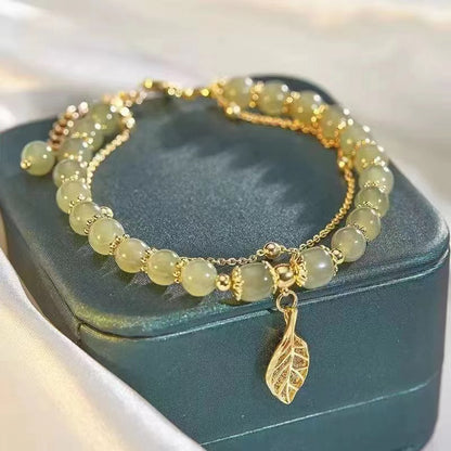 Jadeite Leaf Charm Bracelet in 18K Gold