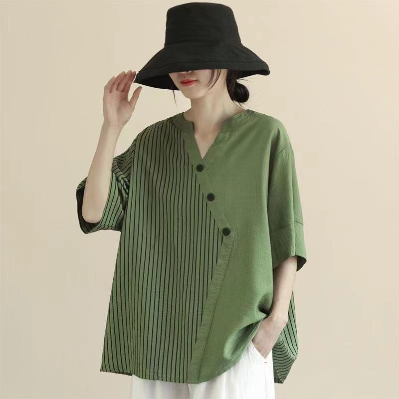 Casual Colorblocked Patchwork Asymmetric Short Sleeve Shirt Top