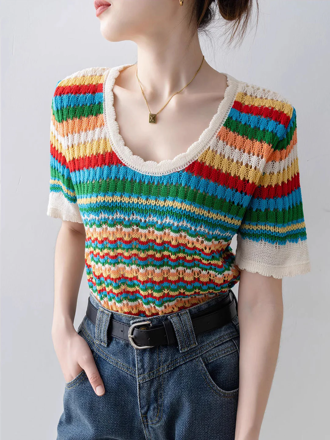 Elegant Rainbow Stripe Hollow Out Knit Short Sleeve Shirt Top