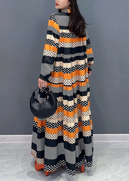 Women's Loose Standing Neck Printed Patchwork Long Dress Spring