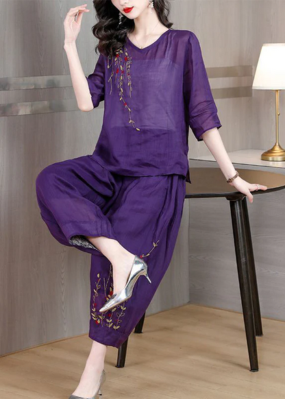 Loose Linen Two Piece Suit Set Embroidered Half Sleeve