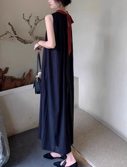 French Round Neck Color Clash Sleeveless Long Dresses