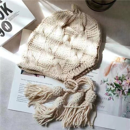 Fashion khaki tassel pigtail knit fall and winter hat