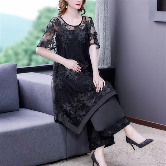 Mesh Embroidered Black Dress Wide Leg Pants Halter Skirt Three Piece Set