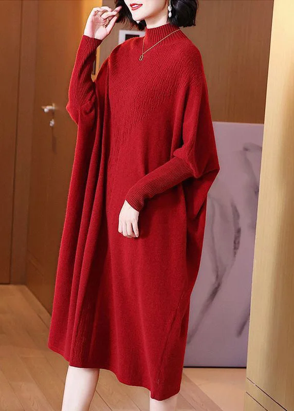 Elegant High Neck Comfortable Cotton Knit Maxi Dress Long Sleeve