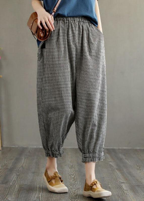 Casual plus size plaid pocket linen pants