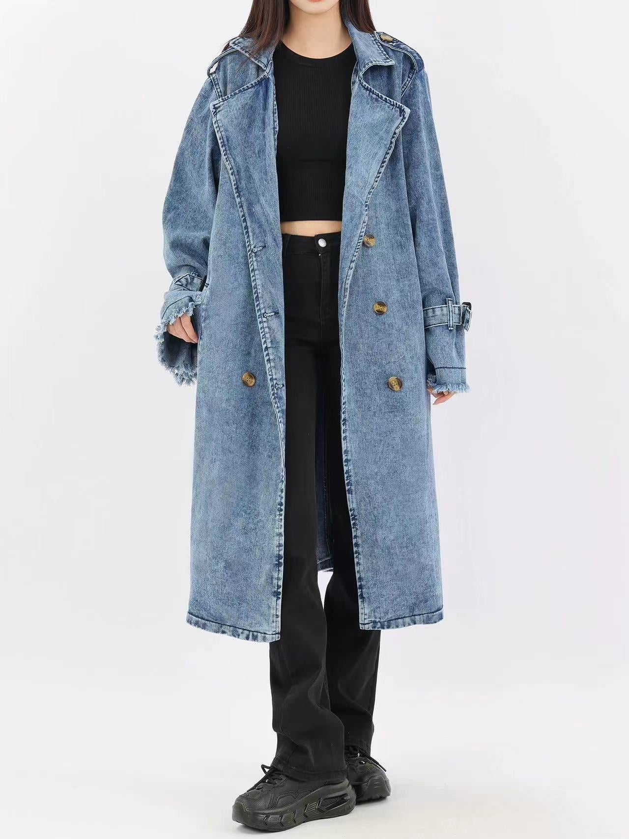 French suit lapel double-breasted knee-length denim trench coat