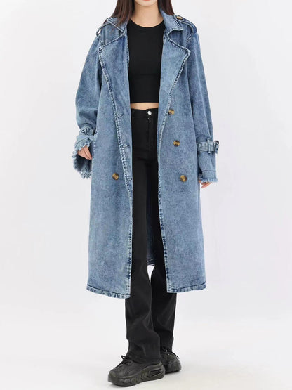 French suit lapel double-breasted knee-length denim trench coat