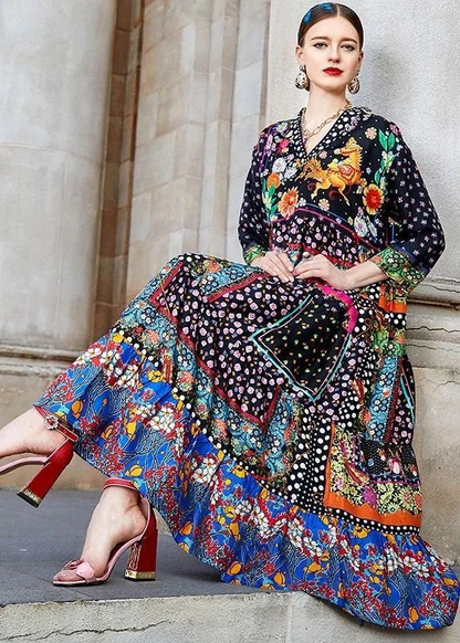 Bohemian Colorblocked V-Neck Printed Silk Long Dress